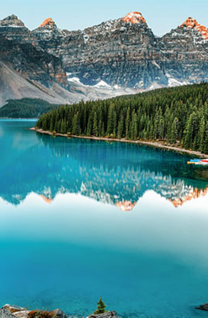Scenic summer view of Emerald Lake and the Canadian Rockies in Alberta