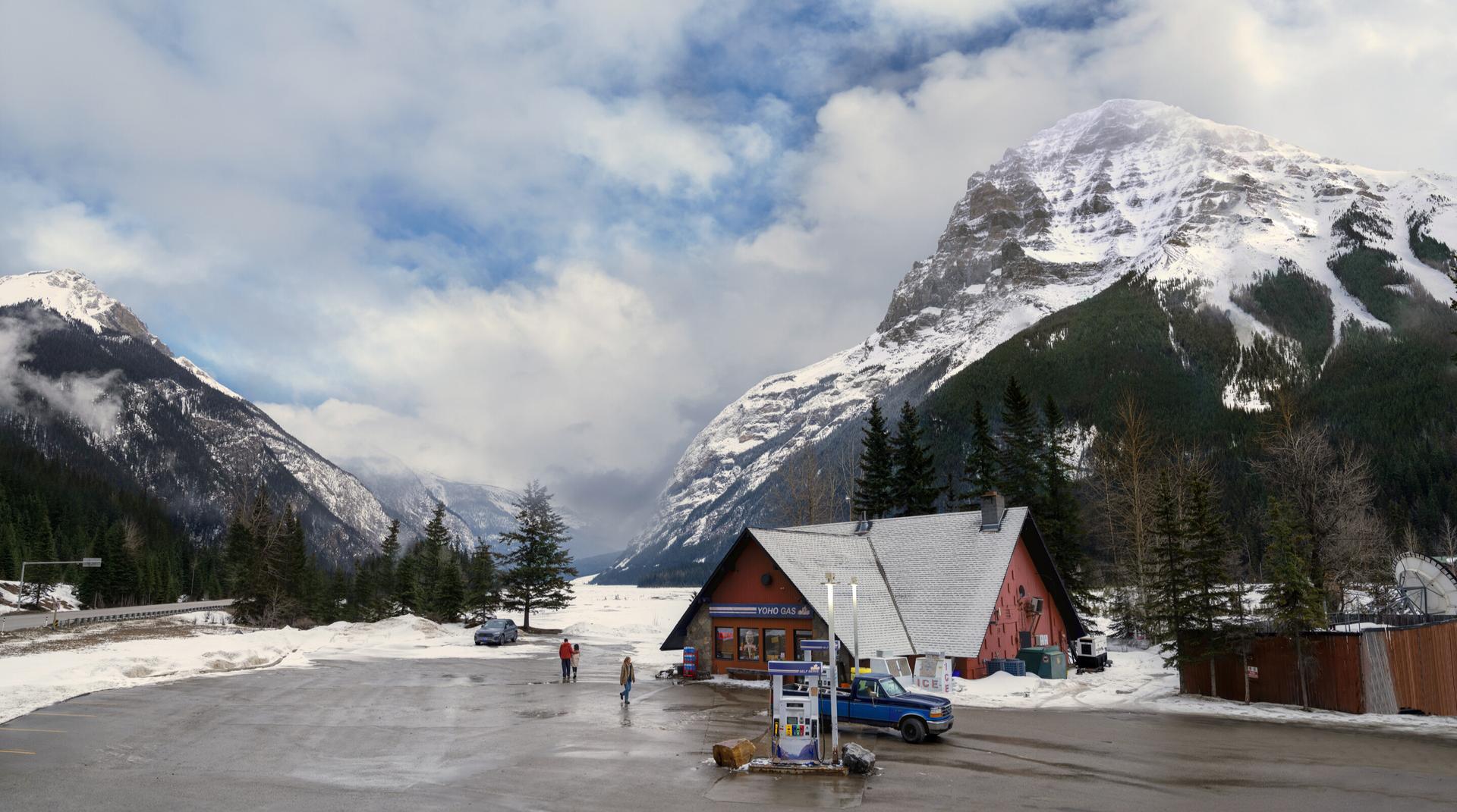 "Yoho Gas" station in the middle of a snowy valley.